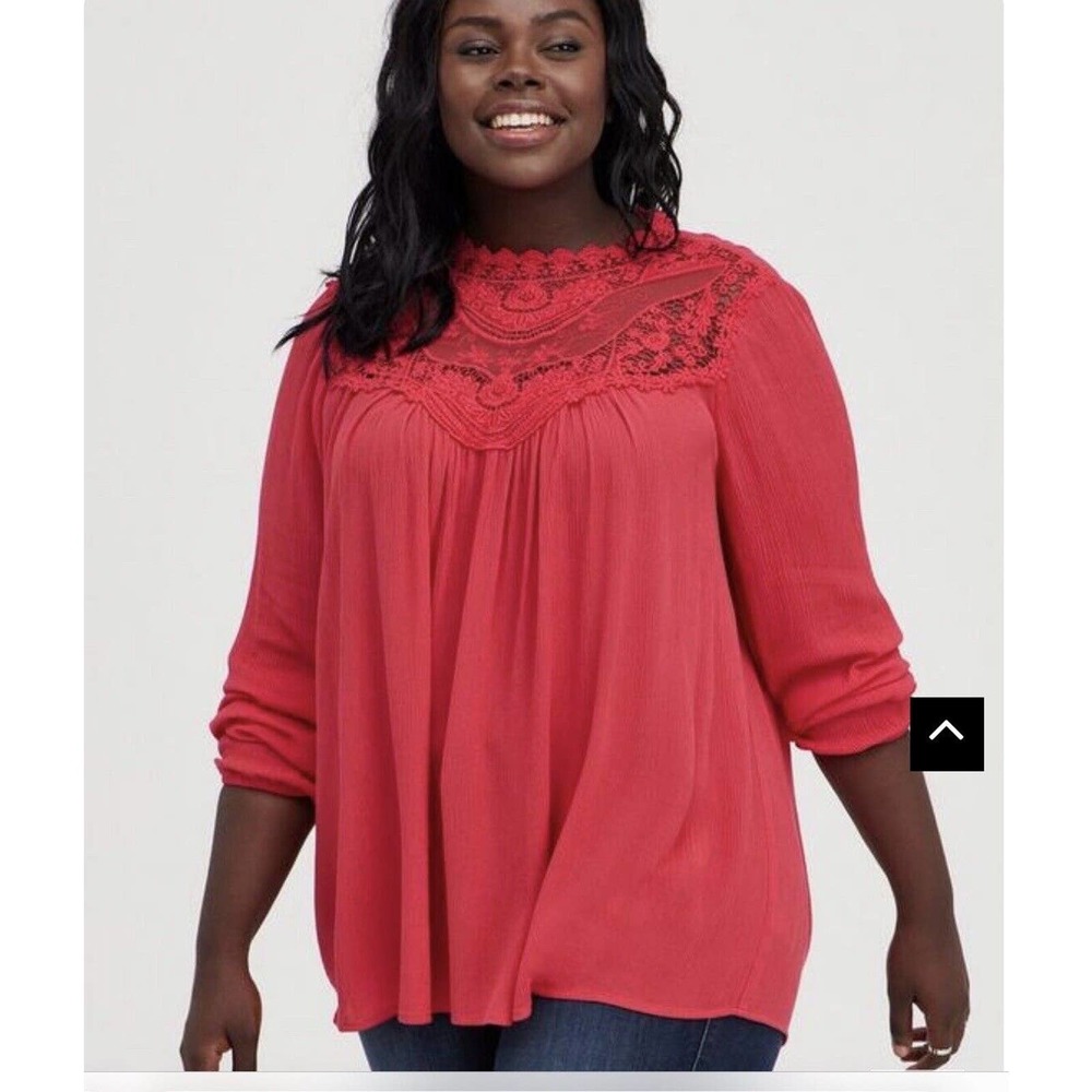 torrid Coral Red Lace Yoke Peasant Blouse